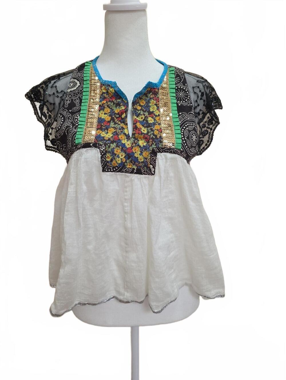 Free People Boho Trapeze Floral and Lace Cap Sleeve Blouse, Small Petite